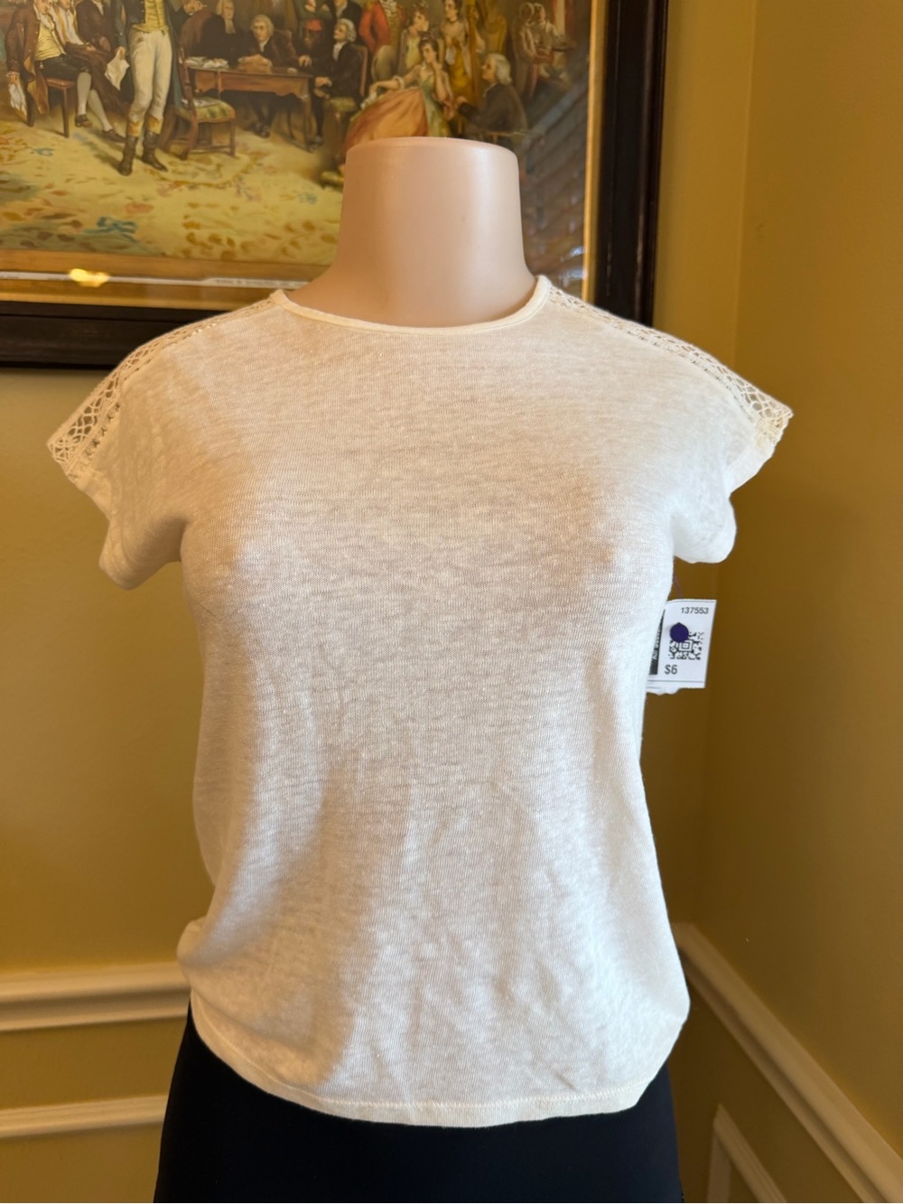 Old Navy Cream Short-Sleeve Knit Top with Lace Cap Sleeves